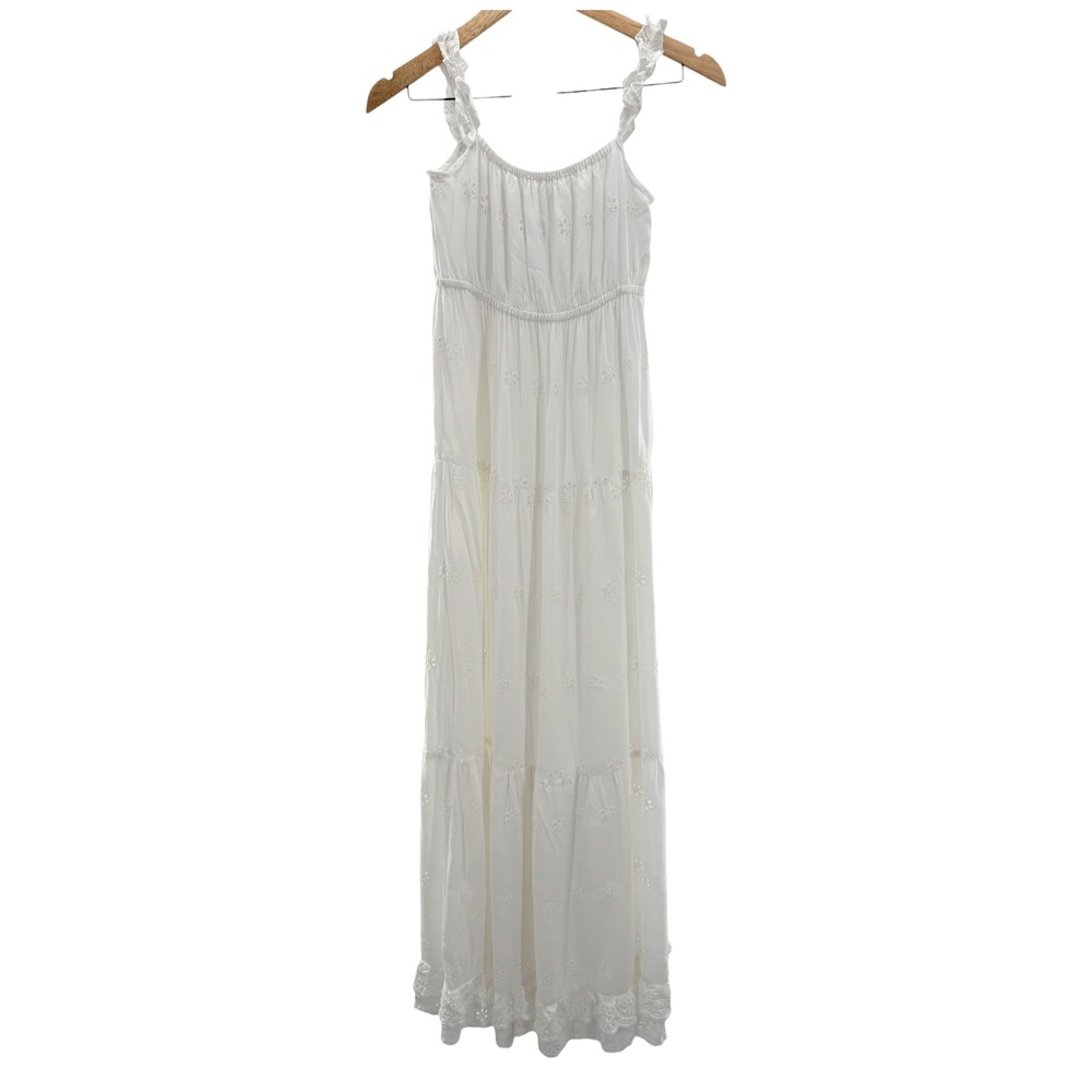 White Eyelet Cotton Embroidered Tiered Maxi Dress Ruffle Strap Boho Cottagecore